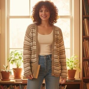 Vintage Jay Jacobs‎ Tan Striped Knit Cardigan Sweater Size L